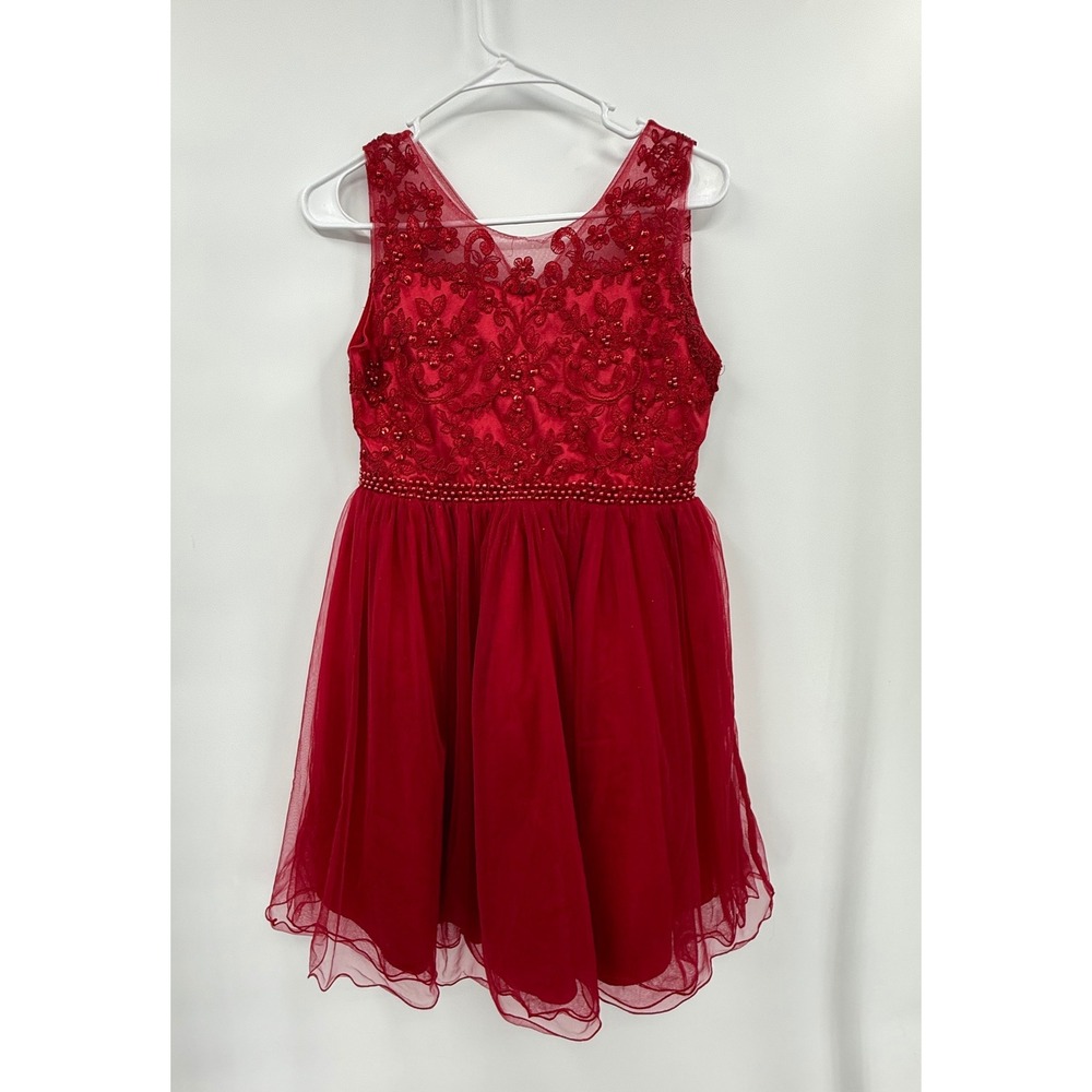 My Kids 14 Floral Lace Tulle Beaded Party Dress Girls burgundy Sleeveless Formal
